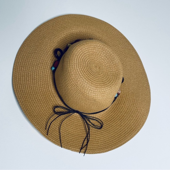 Royal Resortwear woven beaded turquoise and wood leather lace Sun hat for Sumner - Picture 3 of 13